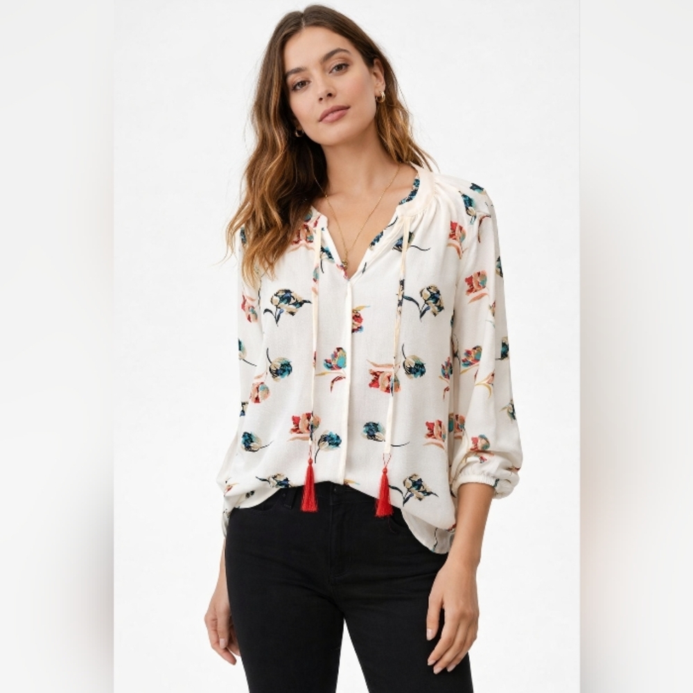 Boho Floral Flowy Blouse, Tassels Spring Jewel Tones